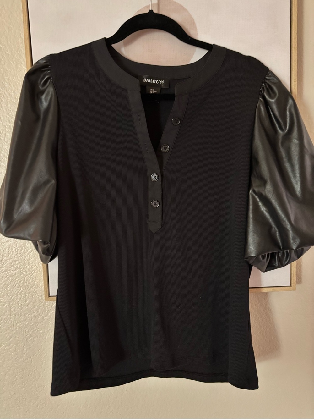 Bailey 44 Black Puff-Sleeve Henley with Faux-Leather Sleeves